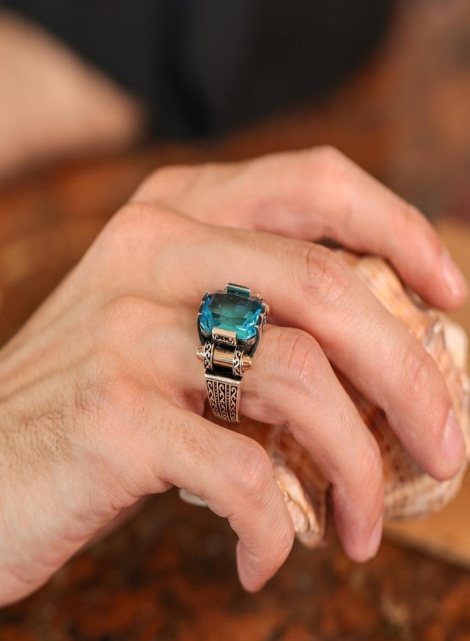 Babylon Silver Genuine Solid 925 Sterling Ring for Men, Accented with Bronze, Faceted Simulated Aquamarine Stone, Vintage Turkish Ottoman Style (Simulated Aquamarine, 9) - Image 3