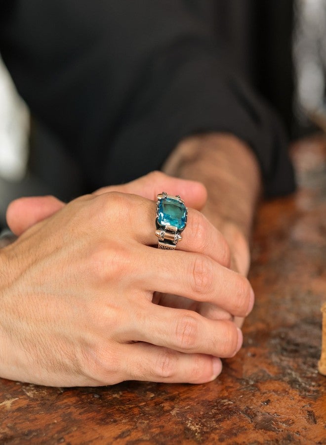 Babylon Silver Genuine Solid 925 Sterling Ring for Men, Accented with Bronze, Faceted Simulated Aquamarine Stone, Vintage Turkish Ottoman Style (Simulated Aquamarine, 9) - Image 2