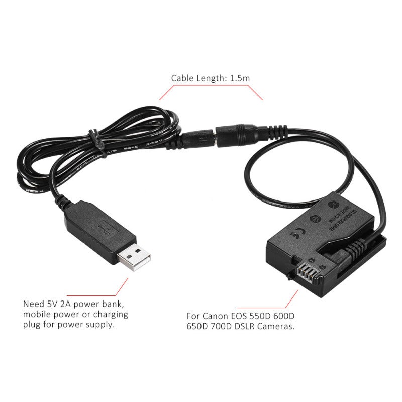 Dummy Battery Adapter: 1.5m Cable, Plug And Play, Multi-Protection Technology - USB Port, Dummy Battery for Canon EOS 550D, 600D, 650D, 700D DSLR Cameras - Image 4