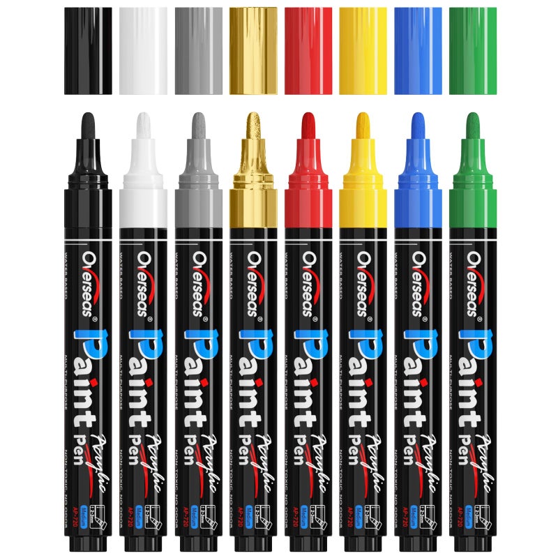 Markers طلاء أكريليك خارجي 8 ألوان أقلام دائمة ذات طرف متوسط مقاومة للماء سريعة الجفاف ألوان متنوعة لأقلام على المعدن والصخور والخشب والبلاستيك والزجاج والقماش
