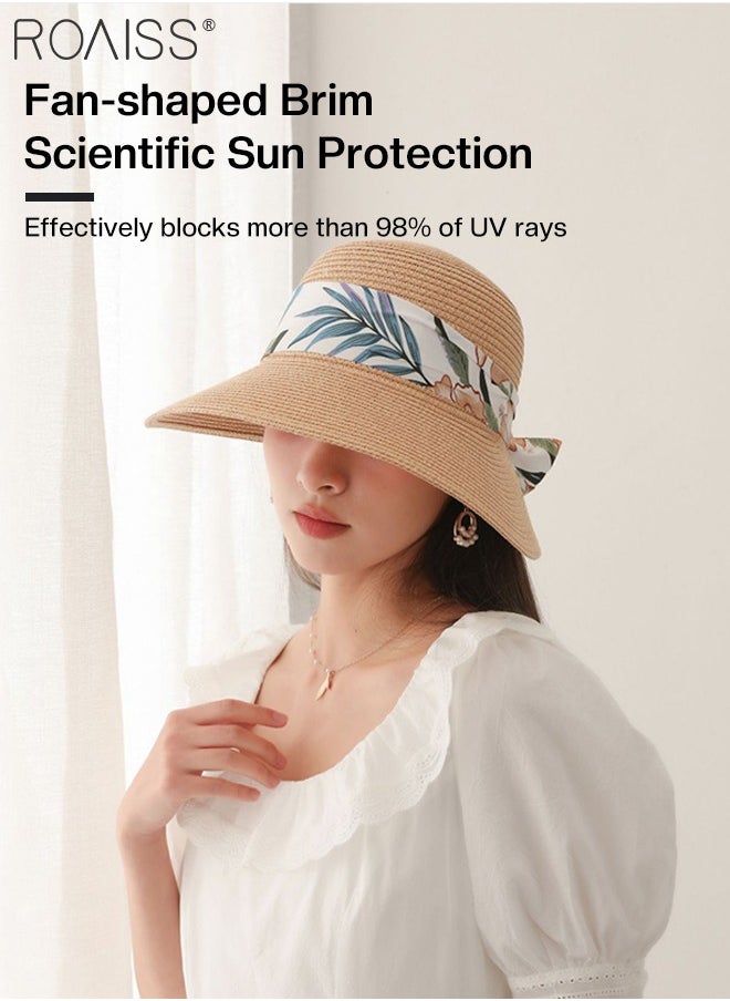 roaiss - Women's Wide Brim Straw Hat with Ribbon, Summer Beach Adjustable Lightweight Foldable Straw Sun Hat with Bow Decor, Anti-UV for Outdoor Vacation Party - Image 1
