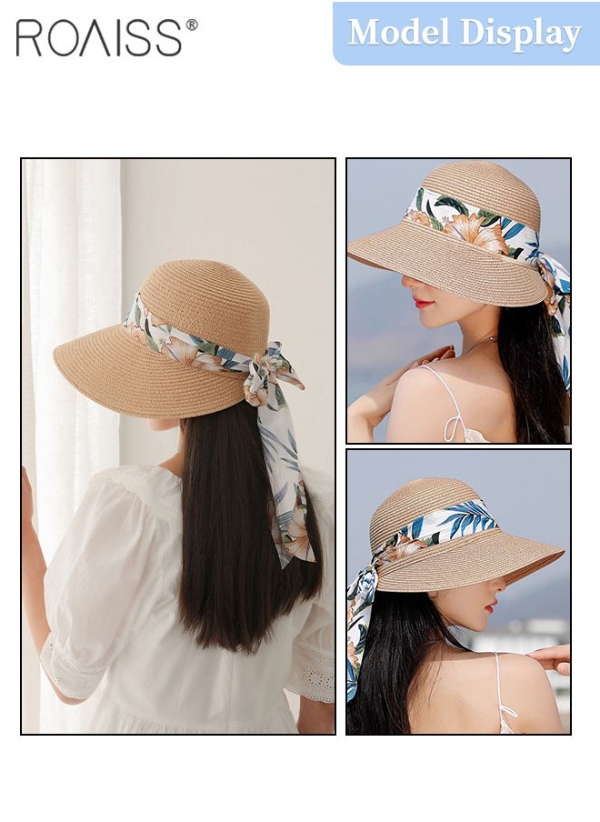 roaiss - Women's Wide Brim Straw Hat with Ribbon, Summer Beach Adjustable Lightweight Foldable Straw Sun Hat with Bow Decor, Anti-UV for Outdoor Vacation Party - Image 1