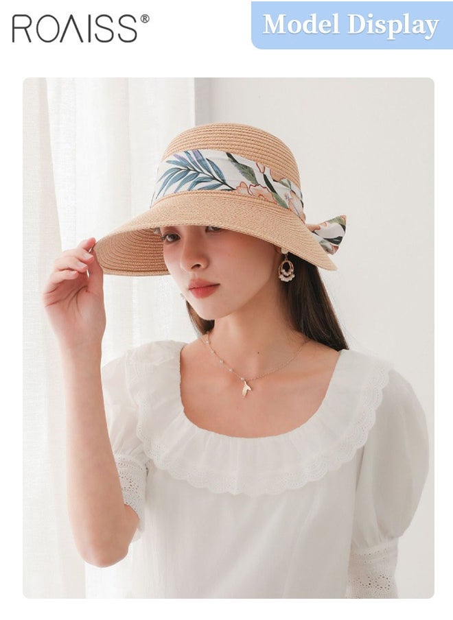 roaiss - Women's Wide Brim Straw Hat with Ribbon, Summer Beach Adjustable Lightweight Foldable Straw Sun Hat with Bow Decor, Anti-UV for Outdoor Vacation Party - Image 1
