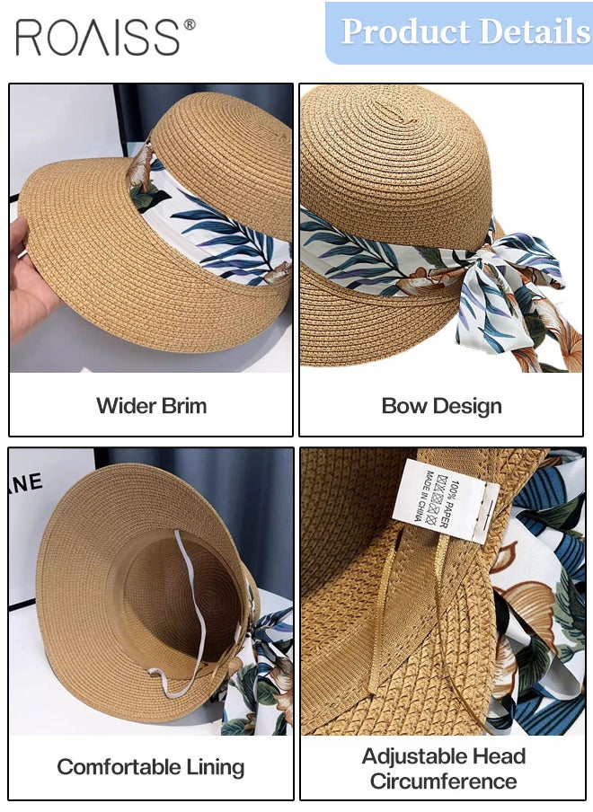 roaiss - Women's Wide Brim Straw Hat with Ribbon, Summer Beach Adjustable Lightweight Foldable Straw Sun Hat with Bow Decor, Anti-UV for Outdoor Vacation Party - Image 1