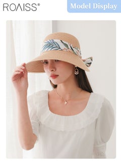 roaiss Women's Wide Brim Straw Hat with Ribbon, Summer Beach Adjustable Lightweight Foldable Straw Sun Hat with Bow Decor, Anti-UV for Outdoor Vacation Party  - Image 2