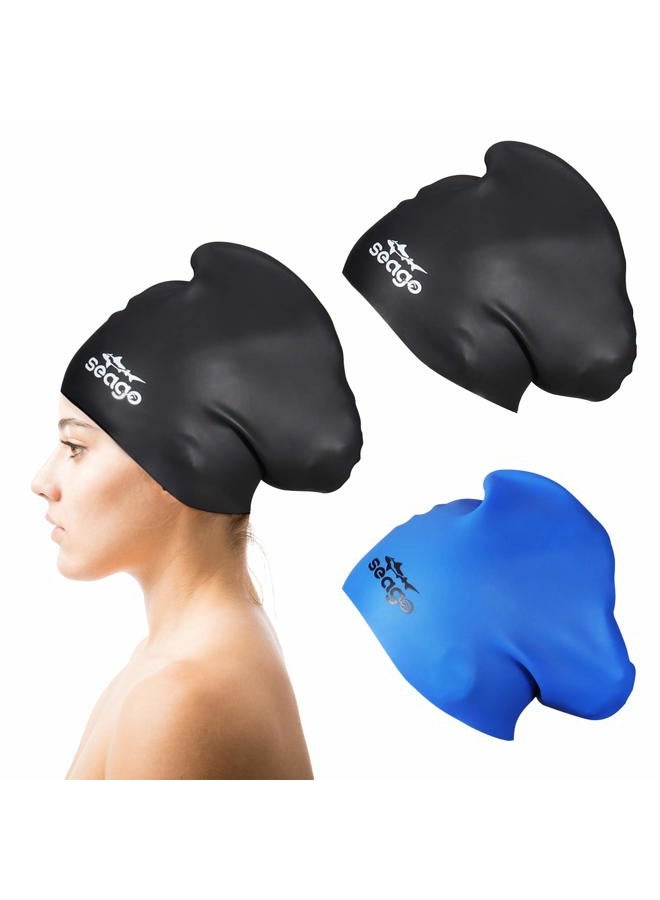 Seago Swim Cap Long Hair 2 Pack Swimming Caps for Women Silicone Swim Caps Keep Hair Dry Waterproof Comfortable Flexible Durable Bathing Cap Tear-Proof Design Large Women Adult Swimming Cap 10+ Years - Image 1
