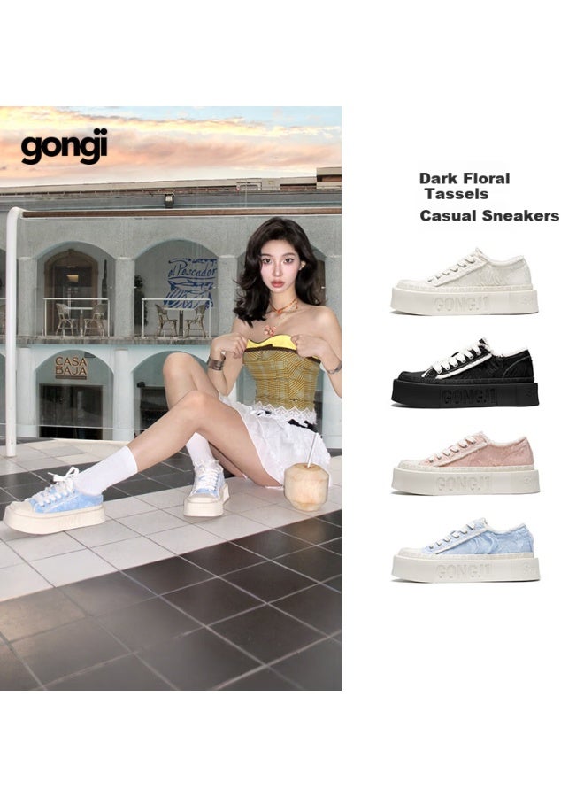 Gongji Casual Shoes Square Toe Canvas Women's Shoes Blue Size 40 [liu Xiening Style] - Image 1
