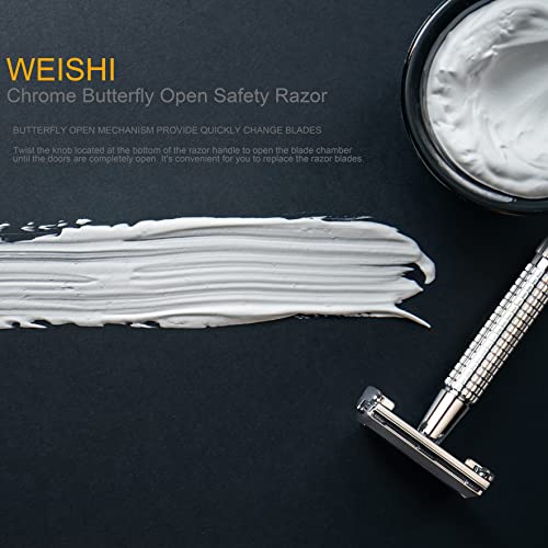 WEISHI Butterfly Open Double Edge Safety Razor for Men, Chrome Short Handle with 5 Stainless Razor Blades Included, Reusable Wet Shave Tool for Smooth, Close Shave - Image 4