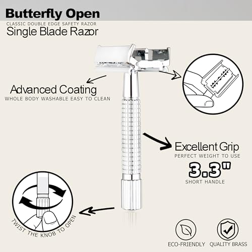 WEISHI Butterfly Open Double Edge Safety Razor for Men, Chrome Short Handle with 5 Stainless Razor Blades Included, Reusable Wet Shave Tool for Smooth, Close Shave - Image 3