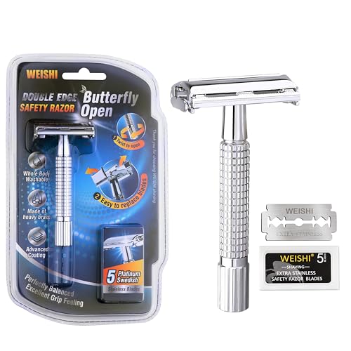 WEISHI Butterfly Open Double Edge Safety Razor for Men, Chrome Short Handle with 5 Stainless Razor Blades Included, Reusable Wet Shave Tool for Smooth, Close Shave - Image 1