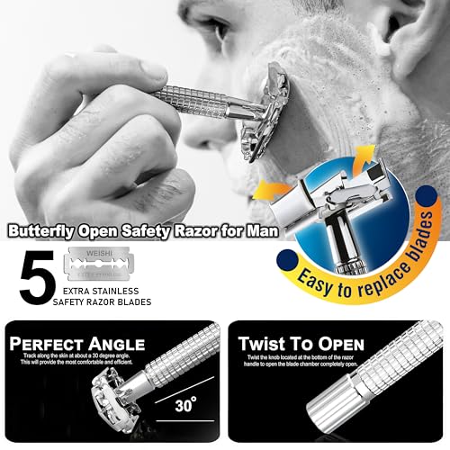 WEISHI Butterfly Open Double Edge Safety Razor for Men, Chrome Short Handle with 5 Stainless Razor Blades Included, Reusable Wet Shave Tool for Smooth, Close Shave - Image 2