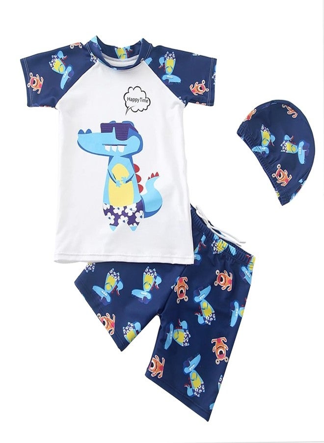YAGATA Baby Toddler Boys 3 Pieces Swimsuit Set Boys Swimwear Dinosaur Bathing Suit Rash Guards UPF 50+ White 2XL 6-7Y - Image 1