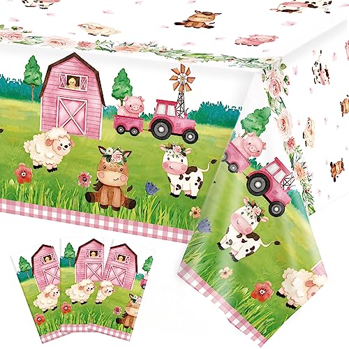 Oigco 3Pcs Farm Animal Birthday Party Tablecloth Disposable Farm House Barnyard Theme Party Supplies Covers for Girls' Birthday Decorations, 54 x 108 Inches - Image 1