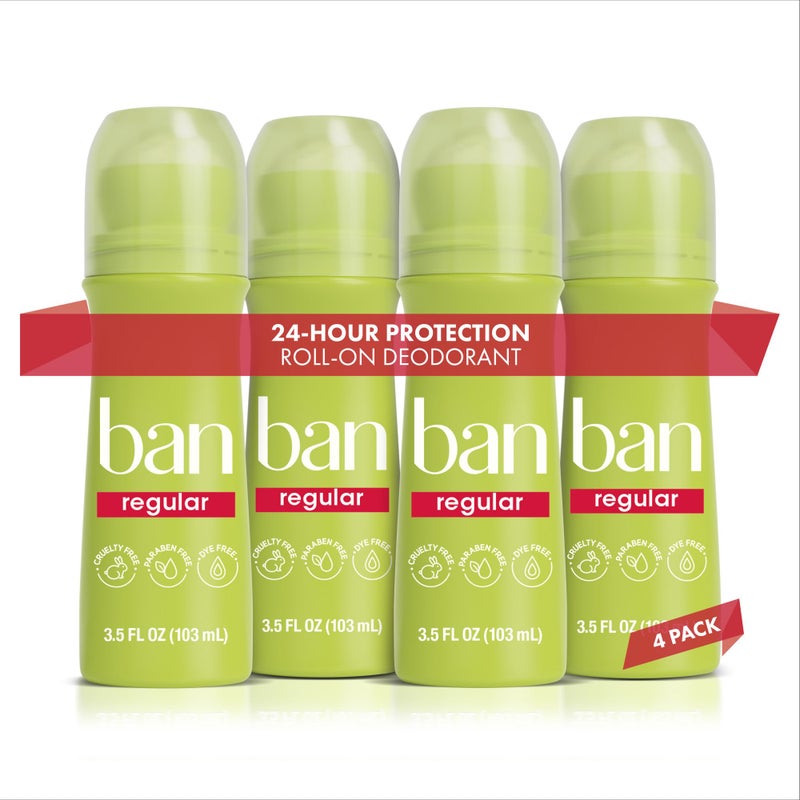 Ban Invisible Roll-on Antiperspirant Deodorant for Women and Men, 24-hour Underarm Odor & Sweat Protection, Regular Scent, 3.5 Oz, Pack of 4 - Image 1