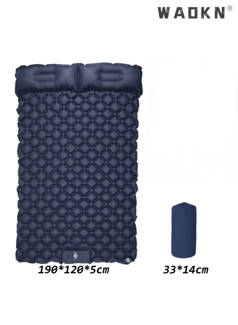 WAOKN Double Inflatable Camping Sleeping Mat with Built-in Foot Pump & Pillow, 40D Nylon TPU Waterproof Air Mattress for 2 People, Lightweight & Portable Ultralight Sleeping Pad for Camping Hiking Backpacking Tent (190×120×5cm, Blue) - Image 1