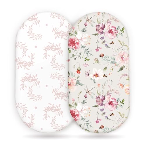 Stretch Ultra Soft Fitted Bassinet Sheet Set 2 Pack Universal Fit for Bassinets Baby Cradle Moses Basket Oval Rectangle Mattress Safe and Snug Beautiful Flowers and Insects Pattern for Baby Girls