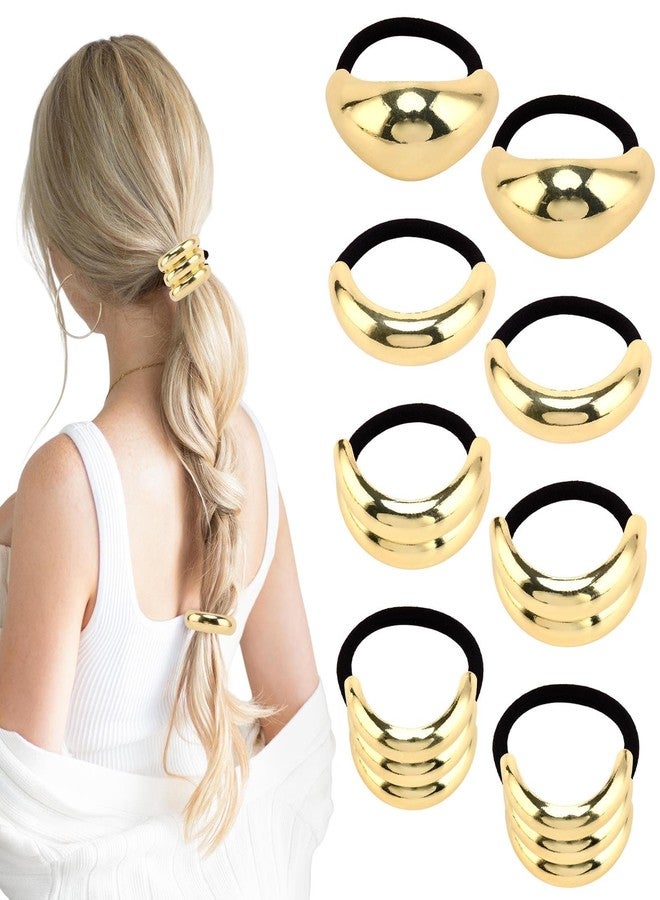 HONUTIGE 8 Pcs Metal Hair Ties, Metal Ponytails Hair Cuffs Gold Hair Cuff Wrap Hair Ties Fashion Glossy Arch Ponytail Hair Tie Metal Geometric Elastic Hair Ties for Women Hair Accessories, 4 Styles - Image 1