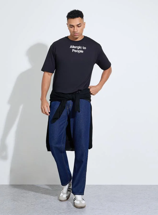 Styli Black Slogan print Crew neck Oversized T-Shirt