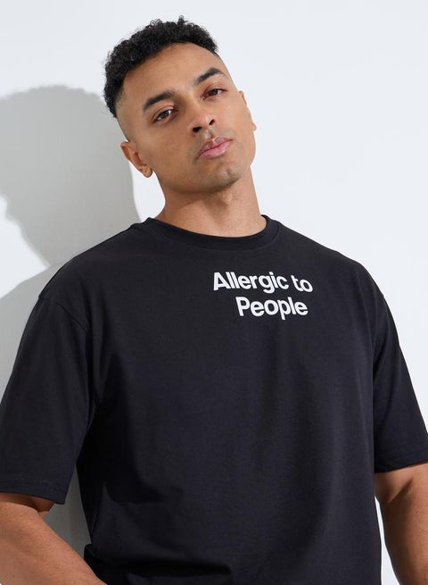 Black Slogan print Crew neck Oversized T-Shirt