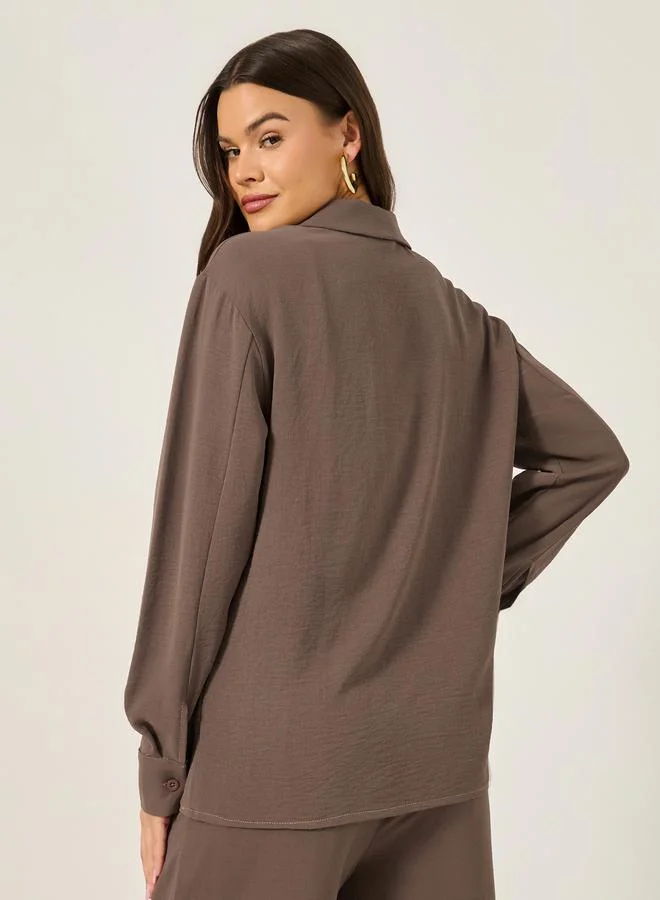 Styli Solid Oversized Wrap Blouse with Notch collar Detail