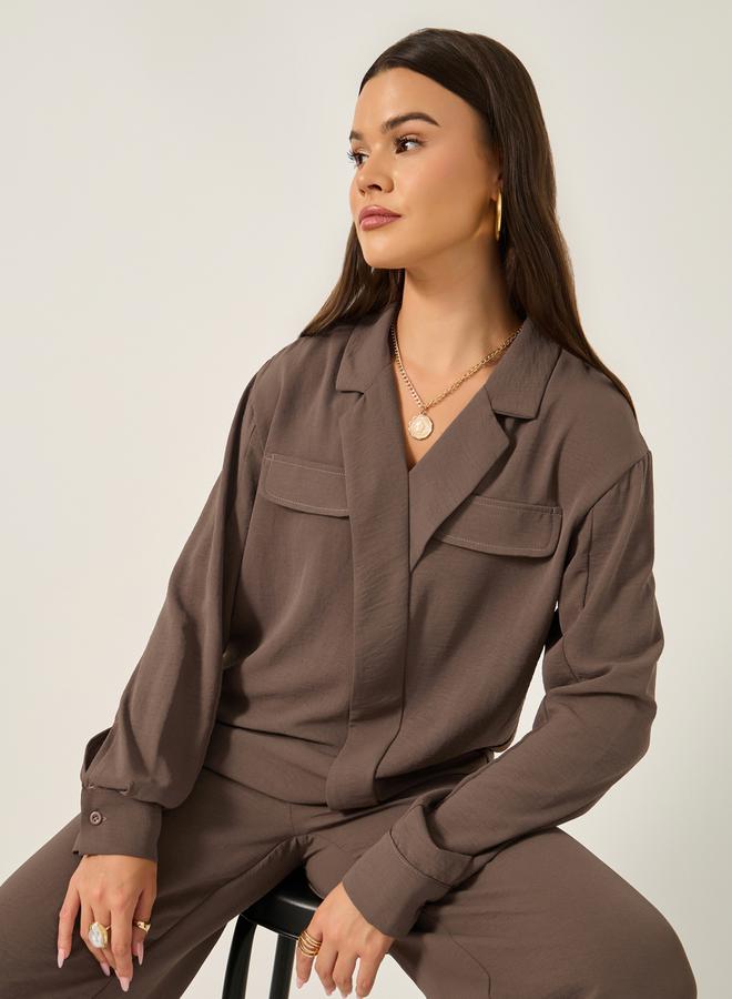 Styli Solid Oversized Wrap Blouse with Notch collar Detail - Image 1