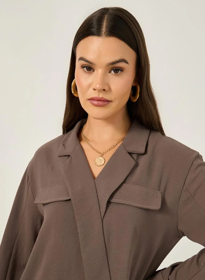 Styli Solid Oversized Wrap Blouse with Notch collar Detail