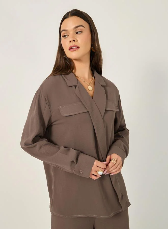 Styli Solid Oversized Wrap Blouse with Notch collar Detail