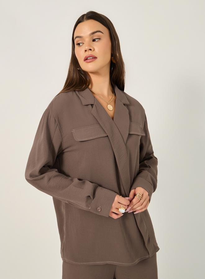 Styli Solid Oversized Wrap Blouse with Notch collar Detail - Image 3