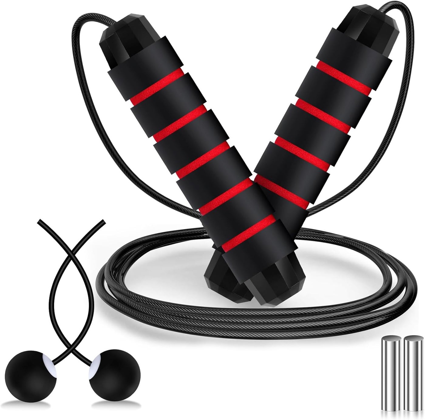 Vinsot 2 in 1 Jump Rope Weighted Cordless Jump Rope with Ball Ropeless Skipping Rope with Adjustable Steel Bearings Soft Foam Handles Rapid Speed Jump Rope for Women Men Kid Fitness Workouts