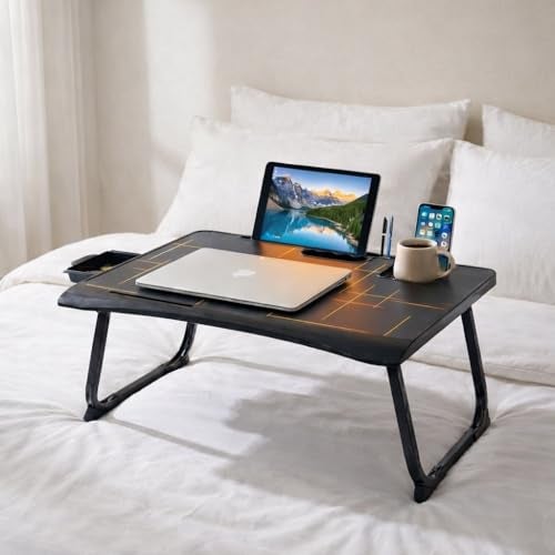 GoRogue Wooden Folding Laptop/Study Table for Bed with Drawer, Tablet/Mobile Holder & Wrist Rest for Kids & Adults (Black) - Image 1