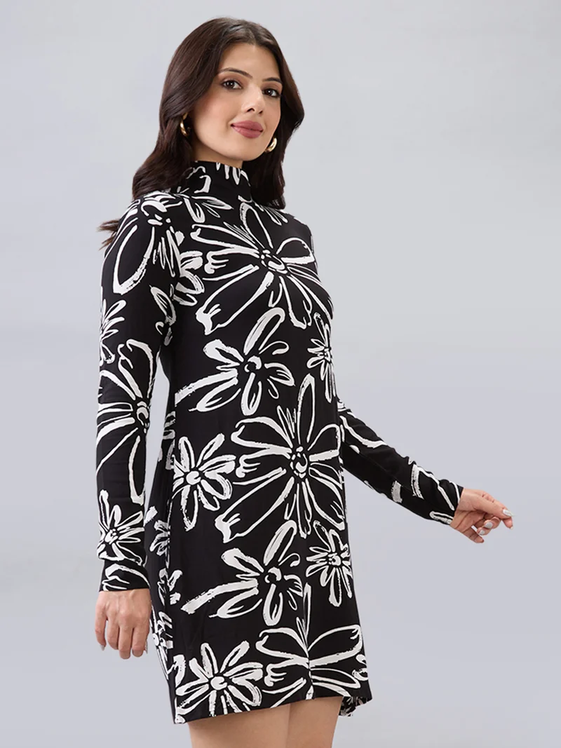 globus Globus Women Black High Neck Back Tie-Up Long Sleeves Floral Print Mini A-Line Dress