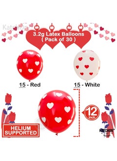 KATCHON Red and White Printed Hearts Balloons Kit Pack of 30 For Valentines Day Decorations  - Image 2