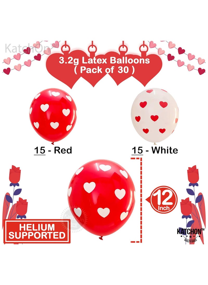 KATCHON Red and White Printed Hearts Balloons Kit Pack of 30 For Valentines Day Decorations  - Image 2