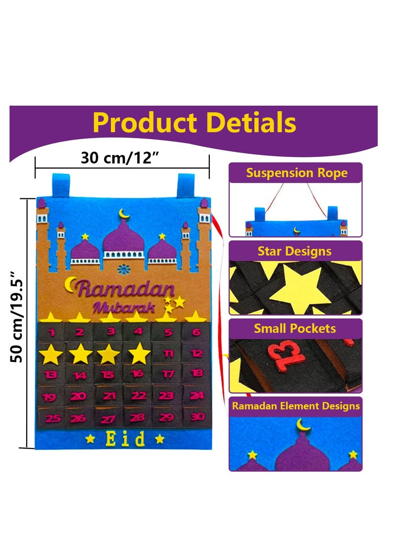 Advent Calendar, Felt Advent Calendars for Kids, 30 Days Eid Mubarak Felt Hanging Countdown Calendar with Star Moon Element, Ramadan Decorations for Home, Ramadan Gifts for Kids Adult,Teaching Tools - Image 2