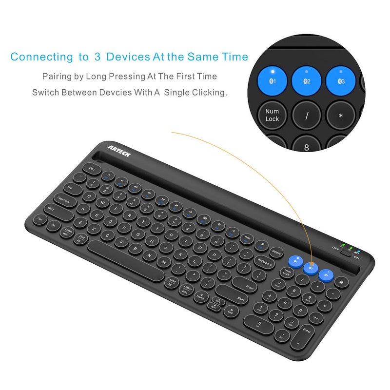 Arteck Wireless Bluetooth Keyboard for Windows, iOS, Android, Computer, Laptop, Smartphone - Multi-Functional with Built-in Cradle - Image 2