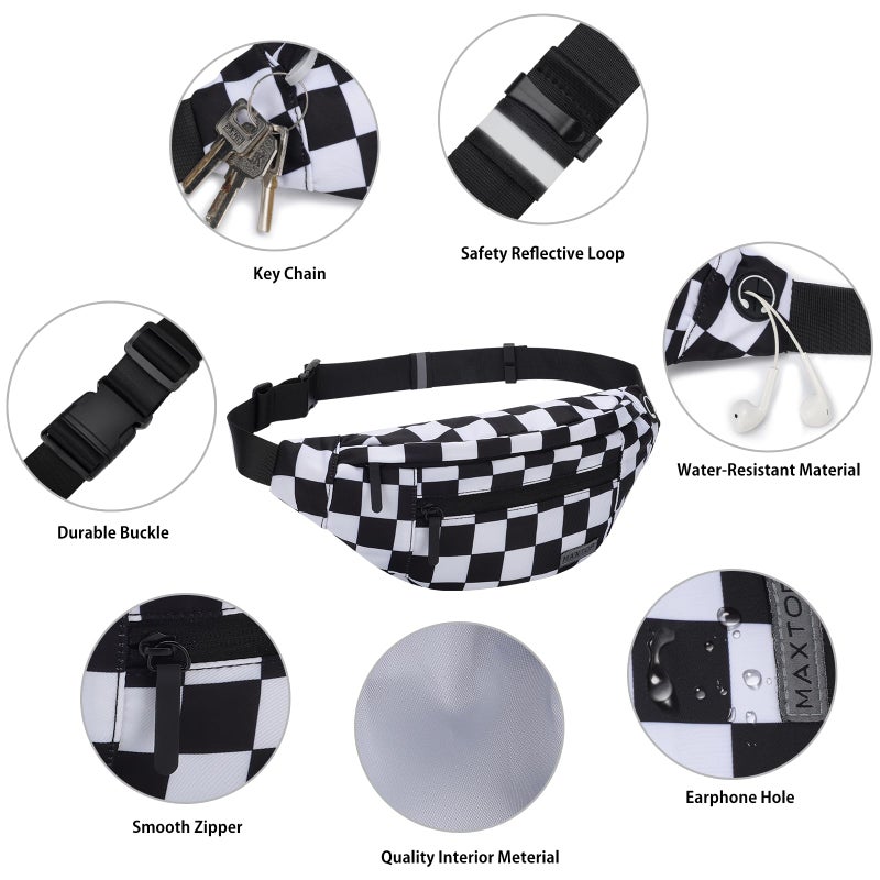 MAXTOP Checkered Fanny Pack Crossbody Bag with 4-Zipper Pockets Large Belt Bag for Enjoy Festival Sports Workout Traveling Running Casual Hands-Free Waist Bag Black and White Checkered - Image 4