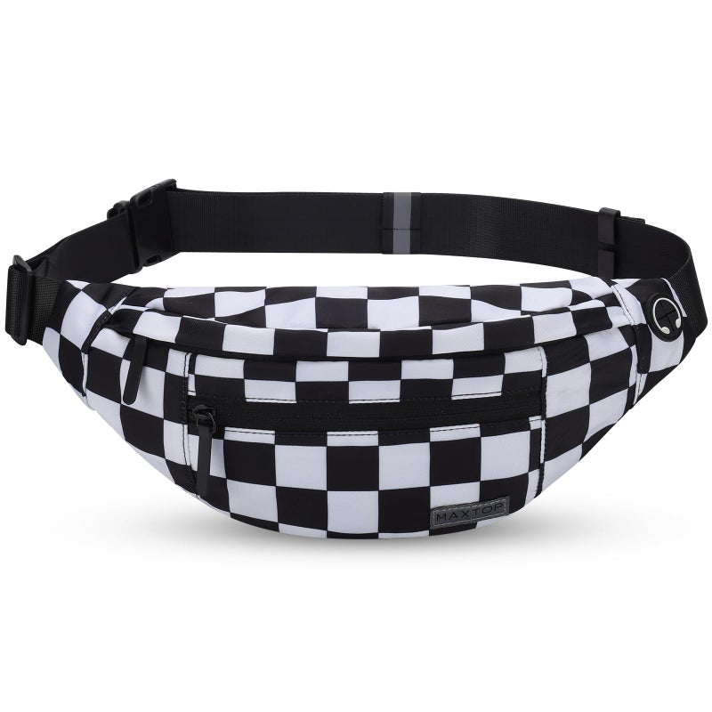 MAXTOP Checkered Fanny Pack Crossbody Bag with 4-Zipper Pockets Large Belt Bag for Enjoy Festival Sports Workout Traveling Running Casual Hands-Free Waist Bag Black and White Checkered - Image 1