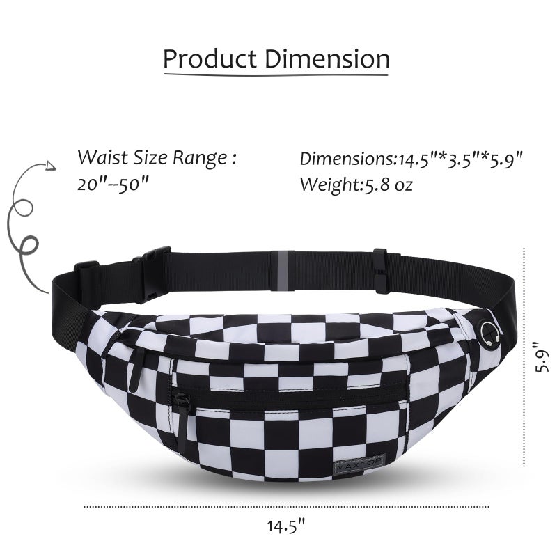 MAXTOP Checkered Fanny Pack Crossbody Bag with 4-Zipper Pockets Large Belt Bag for Enjoy Festival Sports Workout Traveling Running Casual Hands-Free Waist Bag Black and White Checkered - Image 5