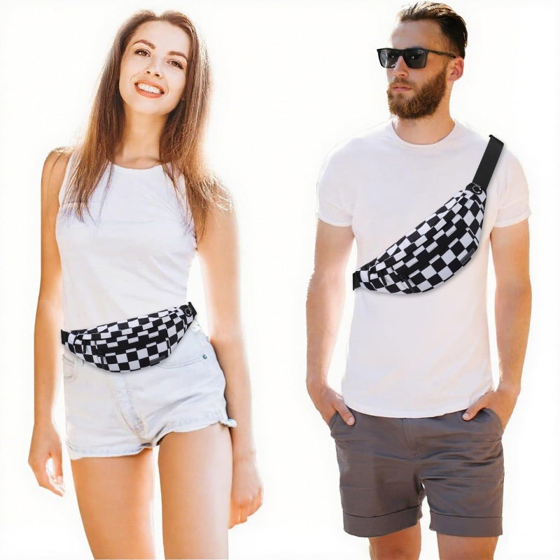 MAXTOP Checkered Fanny Pack Crossbody Bag with 4-Zipper Pockets Large Belt Bag for Enjoy Festival Sports Workout Traveling Running Casual Hands-Free Waist Bag Black and White Checkered - Image 2