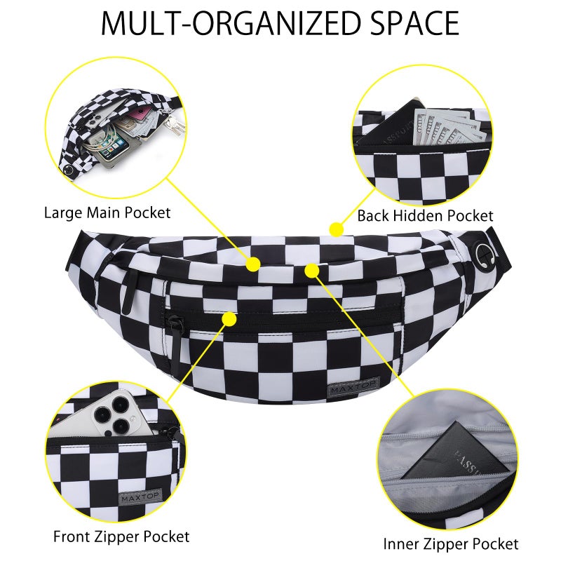 MAXTOP Checkered Fanny Pack Crossbody Bag with 4-Zipper Pockets Large Belt Bag for Enjoy Festival Sports Workout Traveling Running Casual Hands-Free Waist Bag Black and White Checkered - Image 3