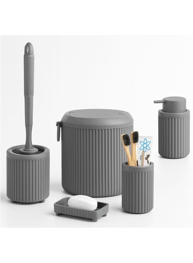 5 piece bathroom set  4 liter trash can toilet brush liquid soap dispenser solid soap dish & toothbrush holder  made of hard plastic impact resistant modern ribbed design grey - Image 1