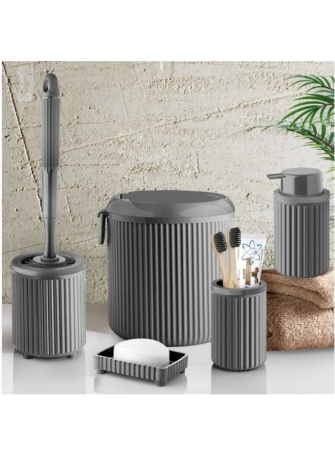 5 piece bathroom set  4 liter trash can toilet brush liquid soap dispenser solid soap dish & toothbrush holder  made of hard plastic impact resistant modern ribbed design grey - Image 2
