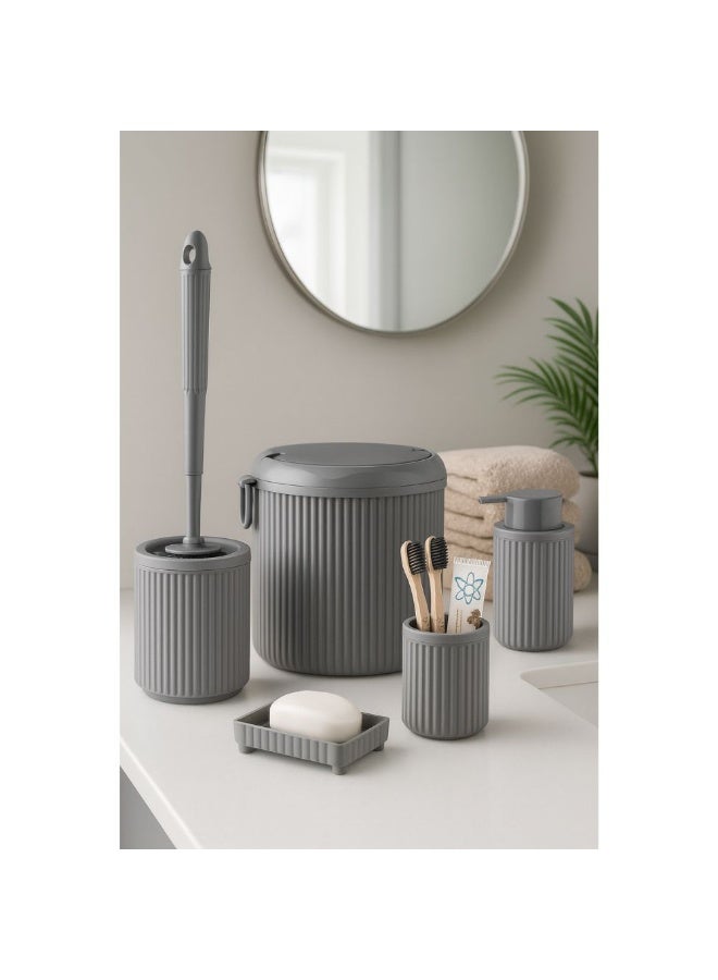 5 piece bathroom set  4 liter trash can toilet brush liquid soap dispenser solid soap dish & toothbrush holder  made of hard plastic impact resistant modern ribbed design grey - Image 3