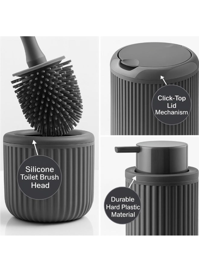 5 piece bathroom set  4 liter trash can toilet brush liquid soap dispenser solid soap dish & toothbrush holder  made of hard plastic impact resistant modern ribbed design grey - Image 4