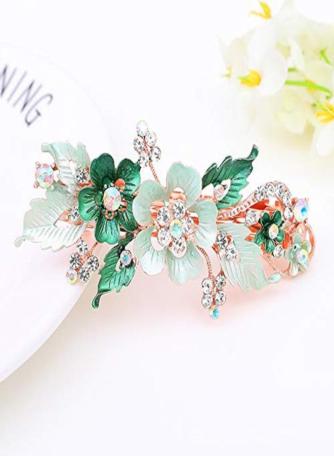 Qintreesify Green Flower Hair Clip with Rhinestone Butterfly, Large Barrettes for Women, Elegant Gifts, Glitter Crystal Hair Clips, Hair Accessories for Women - Image 1
