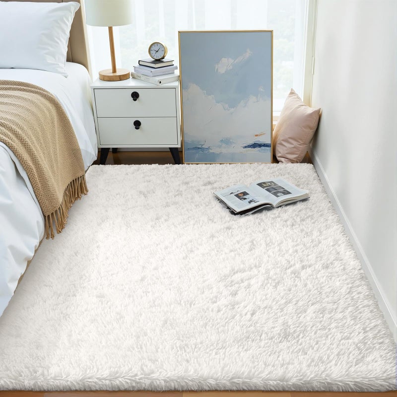 OLANLY Area Rugs for Living Room Bedroom, Machine Washable 4x5.9 ft Soft Fluffy Shaggy Bedside Rug, Indoor Floor Carpet for Kids Girls and Boys, Dorms, Nursery Rooms, Home Decor Aesthetic, Ivory - Image 3