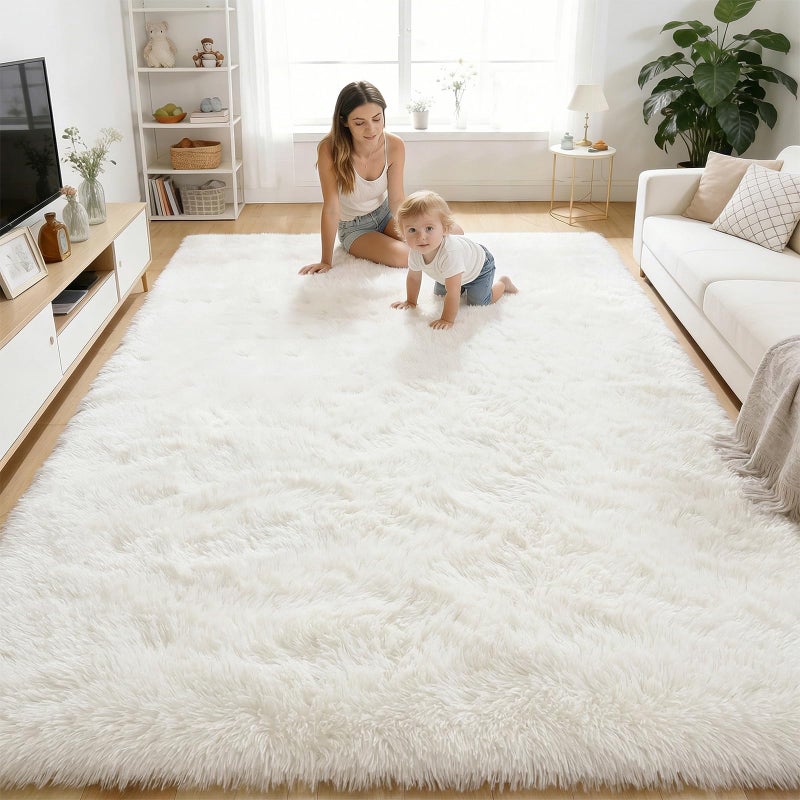 OLANLY Area Rugs for Living Room Bedroom, Machine Washable 4x5.9 ft Soft Fluffy Shaggy Bedside Rug, Indoor Floor Carpet for Kids Girls and Boys, Dorms, Nursery Rooms, Home Decor Aesthetic, Ivory - Image 1
