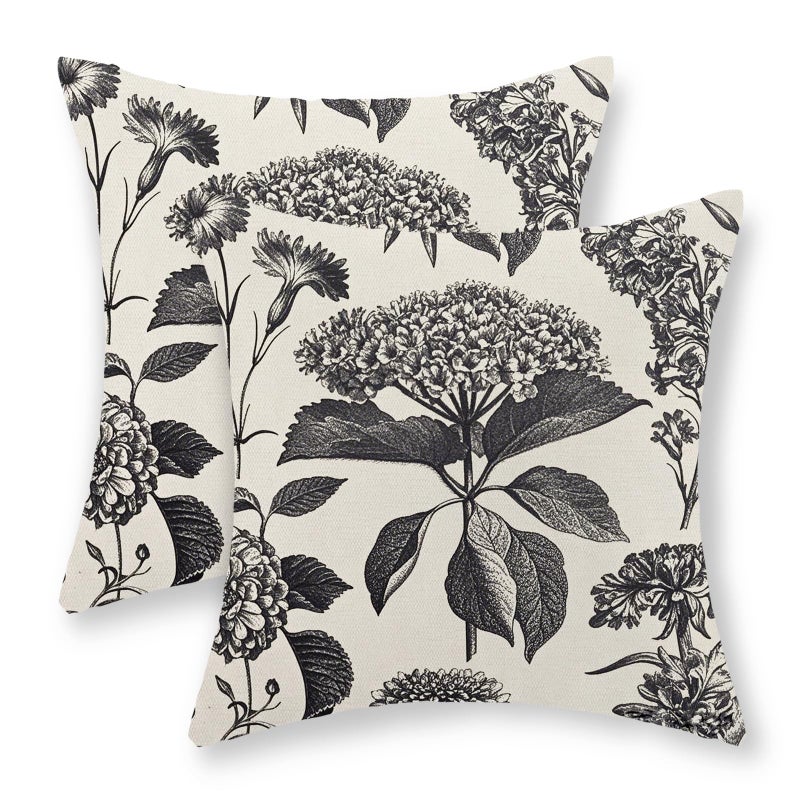 GOLIANDA Black Pillow Covers 18x18 Set of 2 Vintage Boho Floral Hydrangea Herbs Botanical Throw Pillow Cover Outdoor Flower Decoration Pillowcase Linen Farmhouse Cushion Case Decorative for Couch Sofa - Image 1