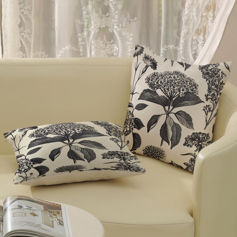 GOLIANDA Black Pillow Covers 18x18 Set of 2 Vintage Boho Floral Hydrangea Herbs Botanical Throw Pillow Cover Outdoor Flower Decoration Pillowcase Linen Farmhouse Cushion Case Decorative for Couch Sofa - Image 5