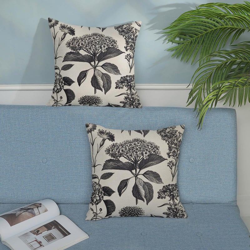 GOLIANDA Black Pillow Covers 18x18 Set of 2 Vintage Boho Floral Hydrangea Herbs Botanical Throw Pillow Cover Outdoor Flower Decoration Pillowcase Linen Farmhouse Cushion Case Decorative for Couch Sofa - Image 4